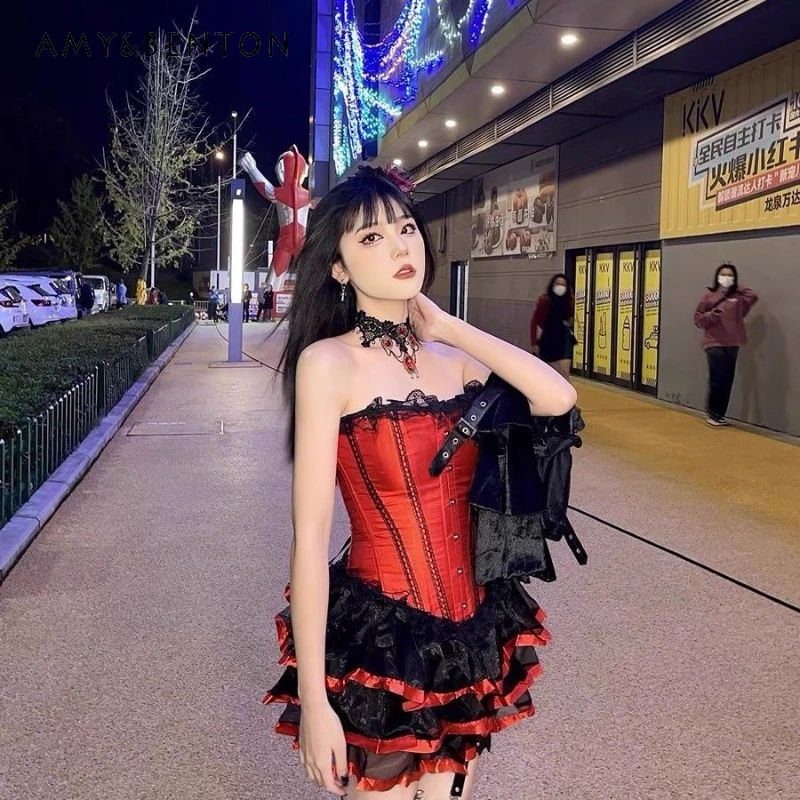 

Original Design Subculture Dark Punk Halloween Women's Tube Top Gothic 2025 New Lolita Black Red Lace Puff Skirts Sets Ladies
