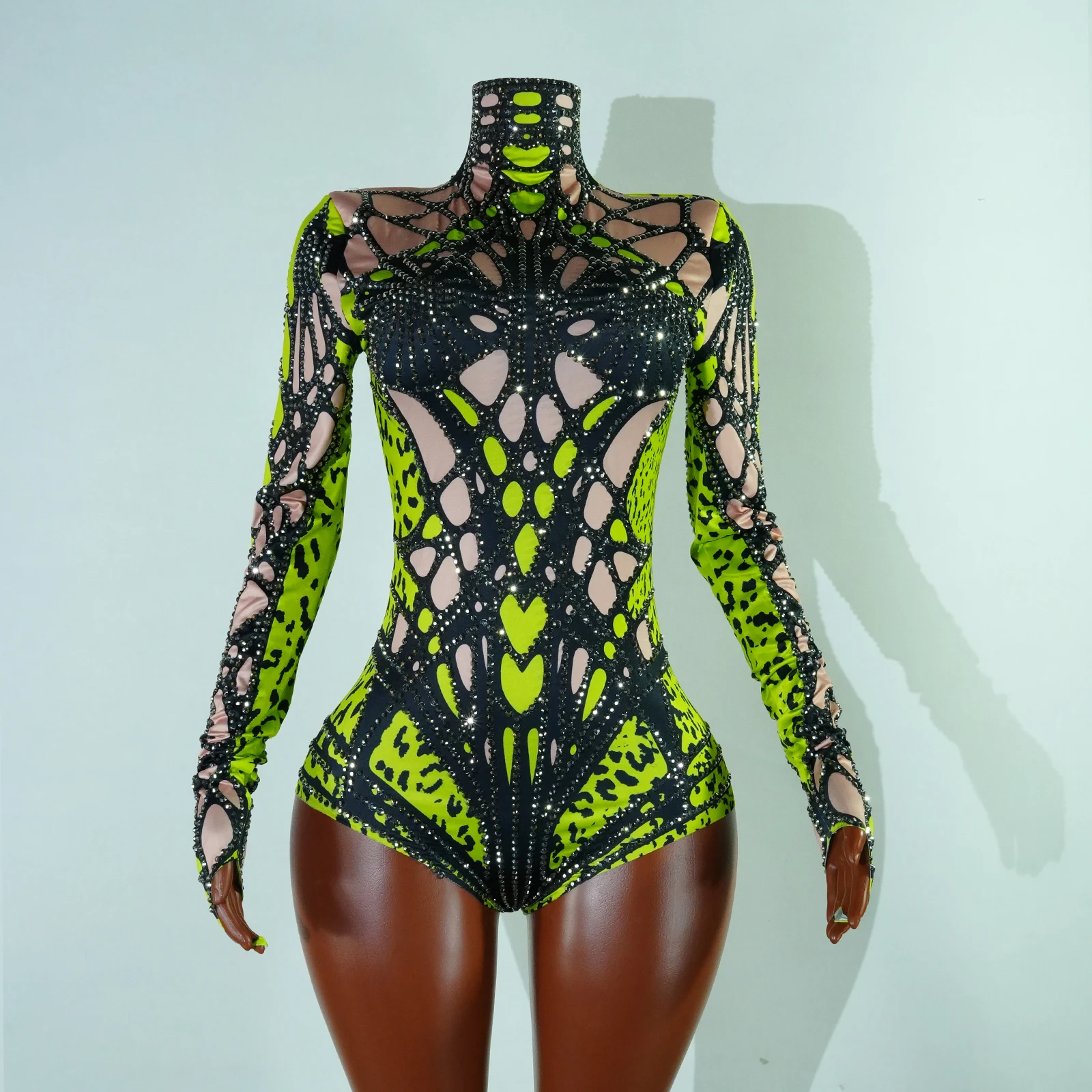 

Sparkly Blue green Rhinestones Long Sleeve Bodysuit Singer Dancer Dj Performance Dance Costume Stage Wear Party Nightclub Outfit