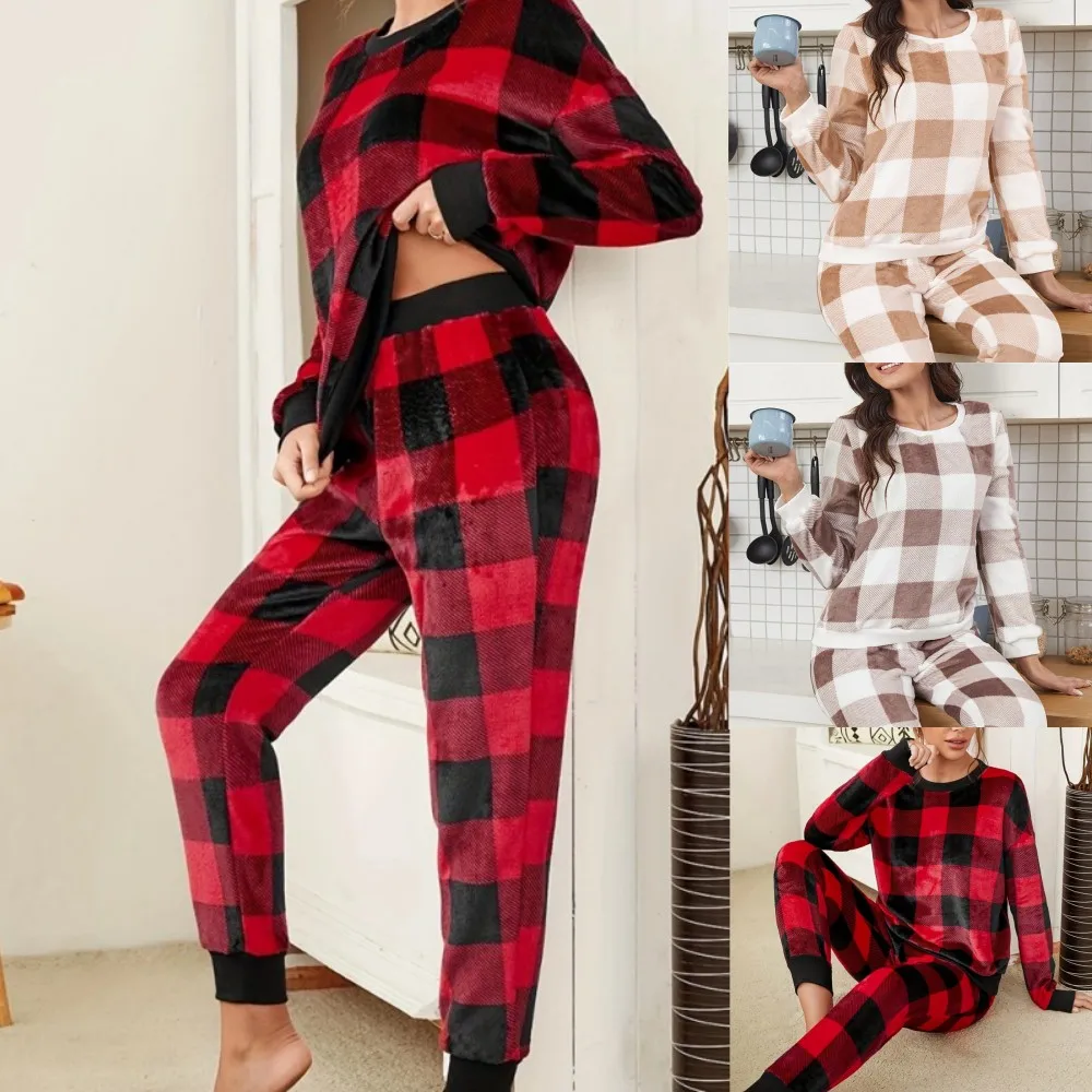 Women Pajama Sets Autumn Winter Warmer Plush Ladies Pyjamas Plaid Flannel Loung Sleepwear Girl Pijama Mujer Night Suits Homewear