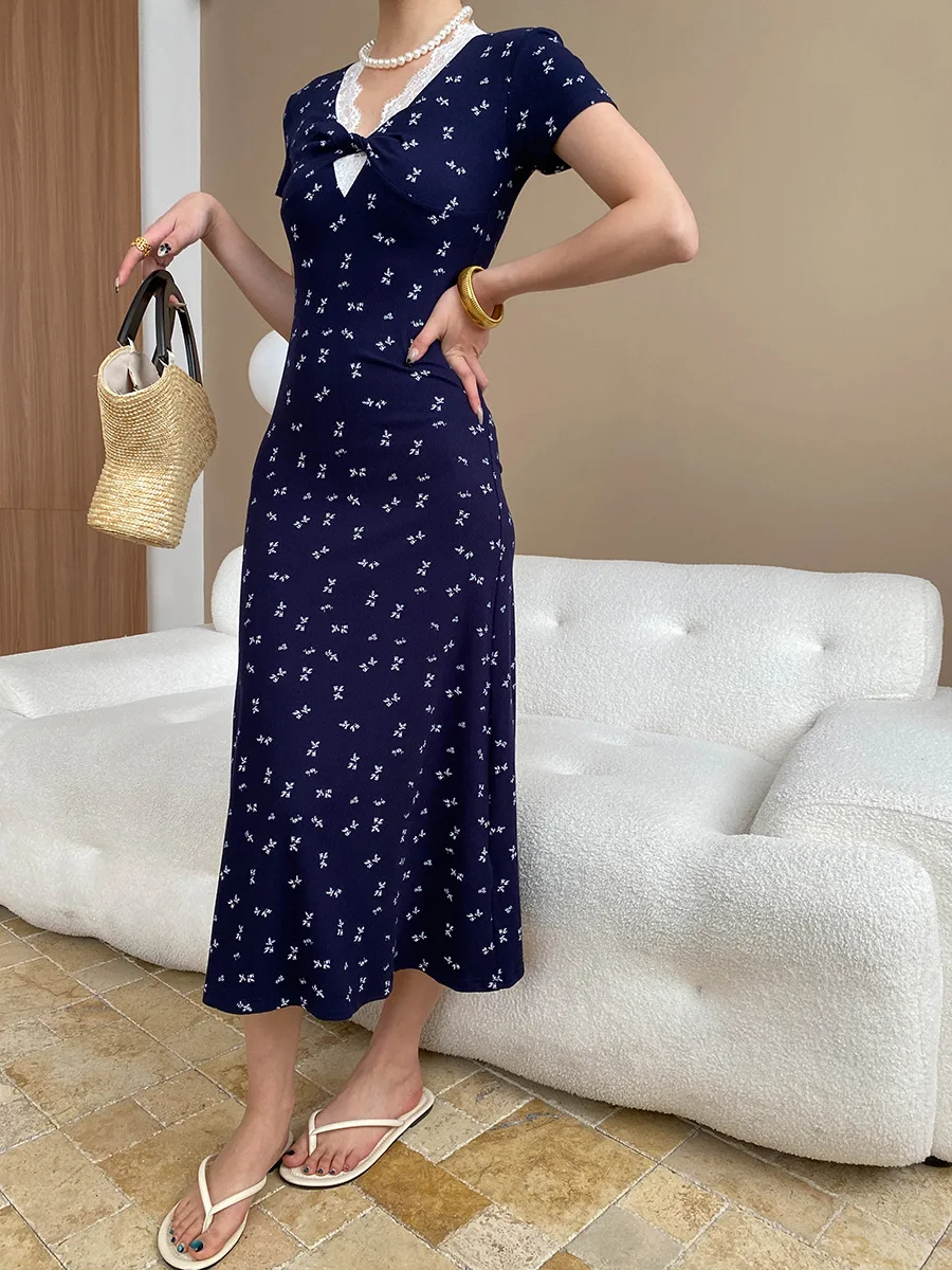 

Spring and summer women's casual floral print V-neck short sleeved lace patchwork slim fit dress
