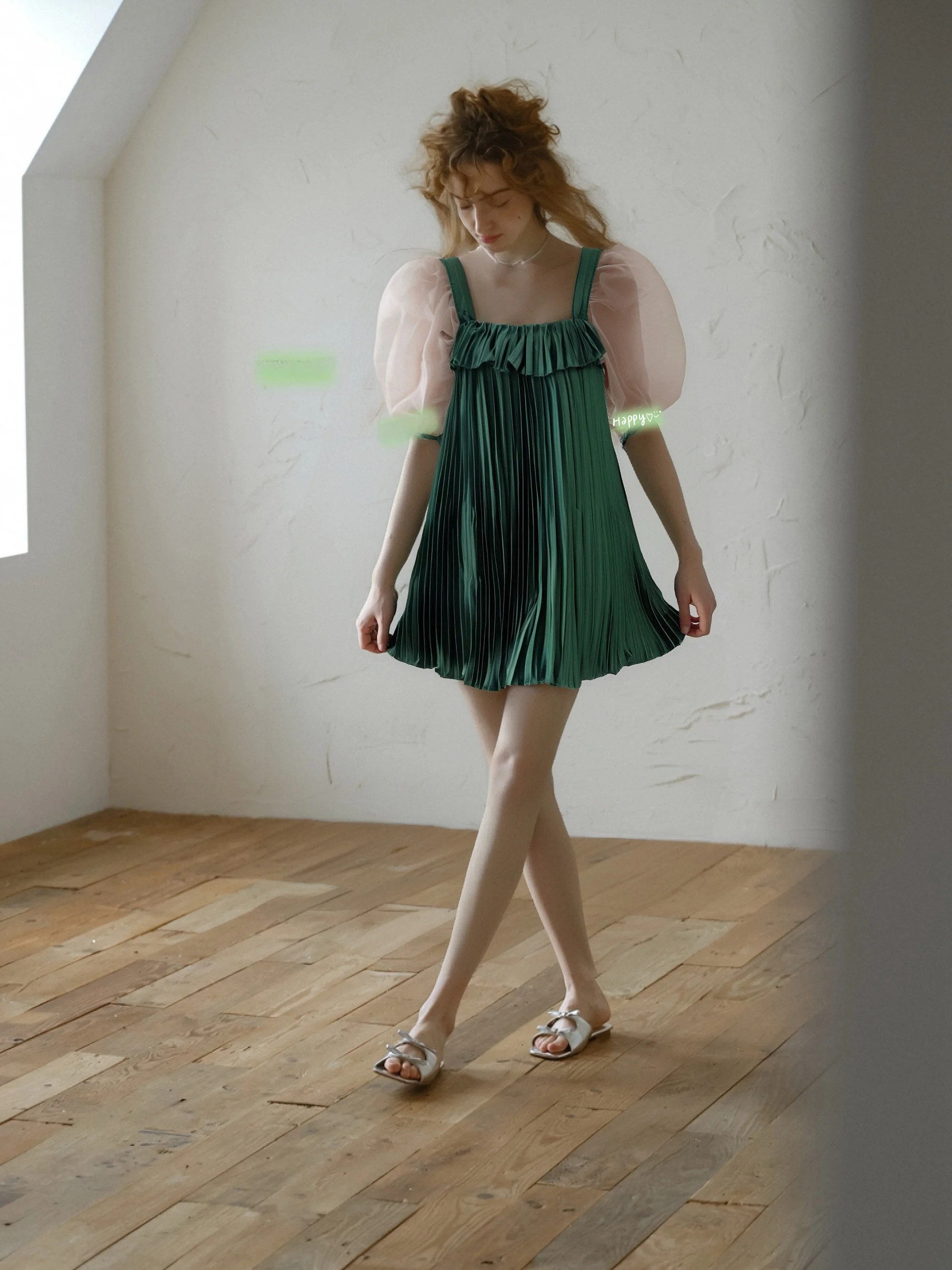 LASS LIZ Original Verano 2025 Vestido Corto Holgado con Cuello Cuadrado y Manga Abullonada Verde Hada, Estilo Dulce, Vestido de Princesa S