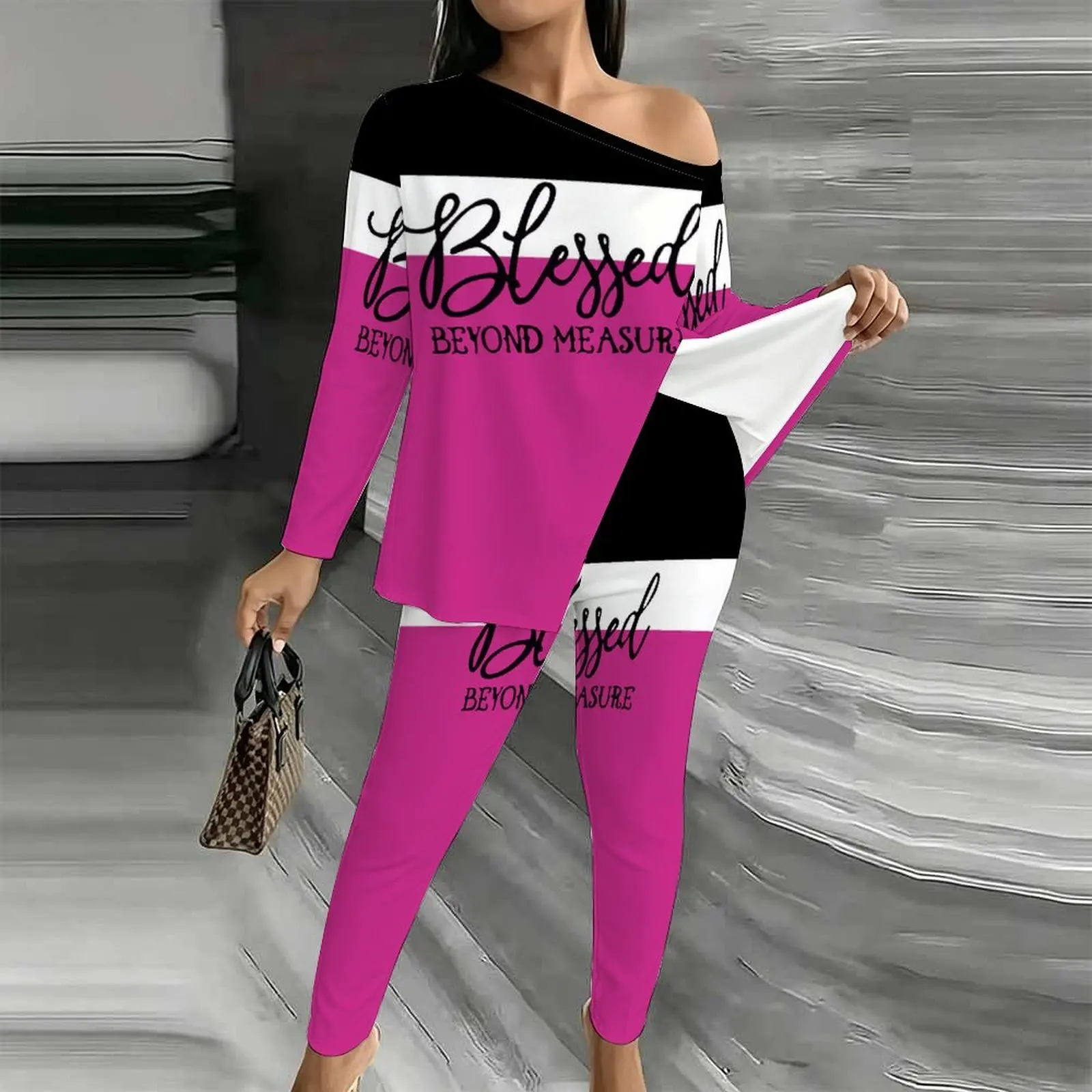 Autumn Elegant Two-piece Set Fashion Printed Jogging Pants  Winter Women's Diagonal Collar Long Sleeved Off Shoulder T-shirt