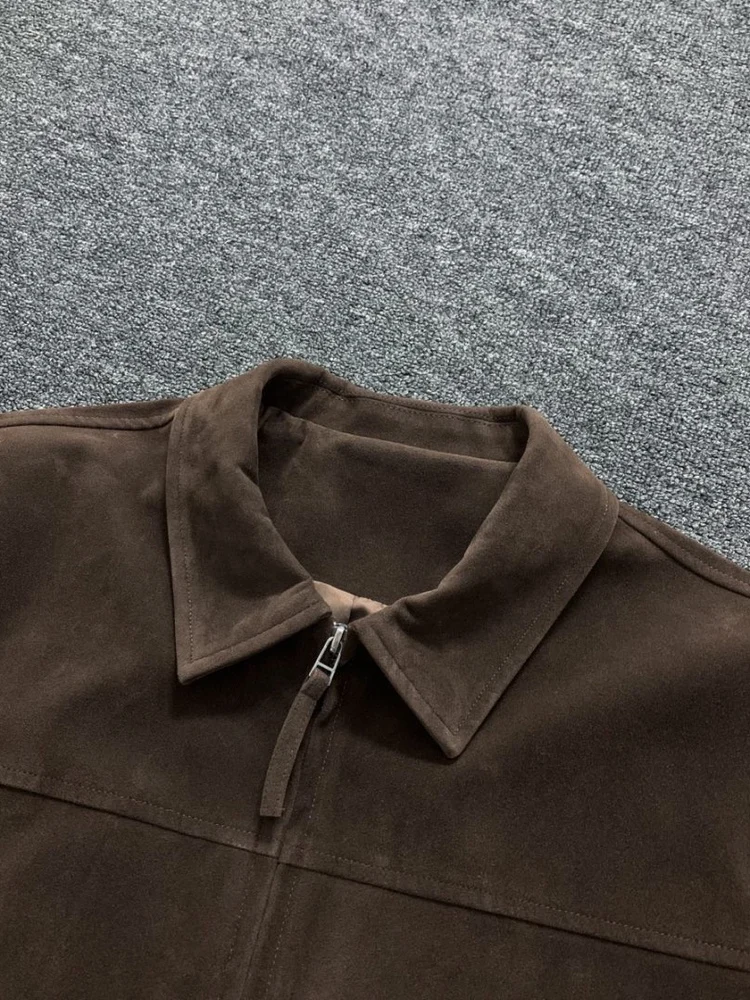 

Retro Sle Men's Suede Jaet Outdoor Long Sve Zipper Closure Pure Color Matte Fini Flap Collar Autumn Winter Coat