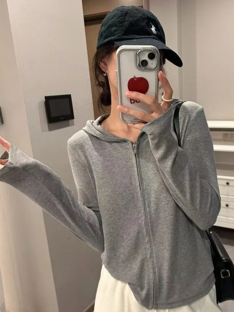 Spring Autumn Zipper Hoodie Women Loose Casual Versatile Anti-Aging Slimming Korean Style Long Sleeve Grey Sweatshirt