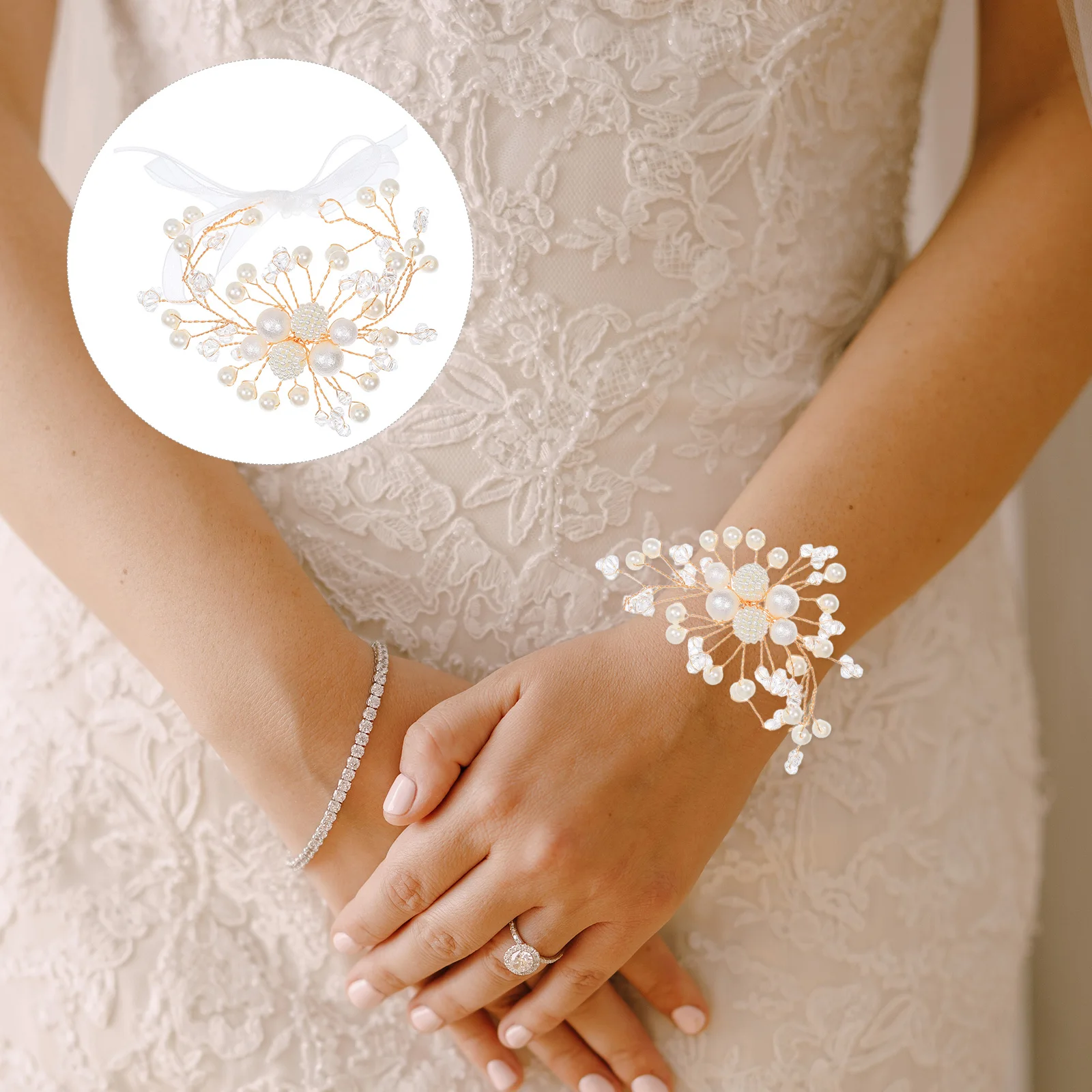 

3 Pcs Imitation Pearl Wrist Flower Decor Bridal Bracelet White Beach Party Corsage Bridesmaid