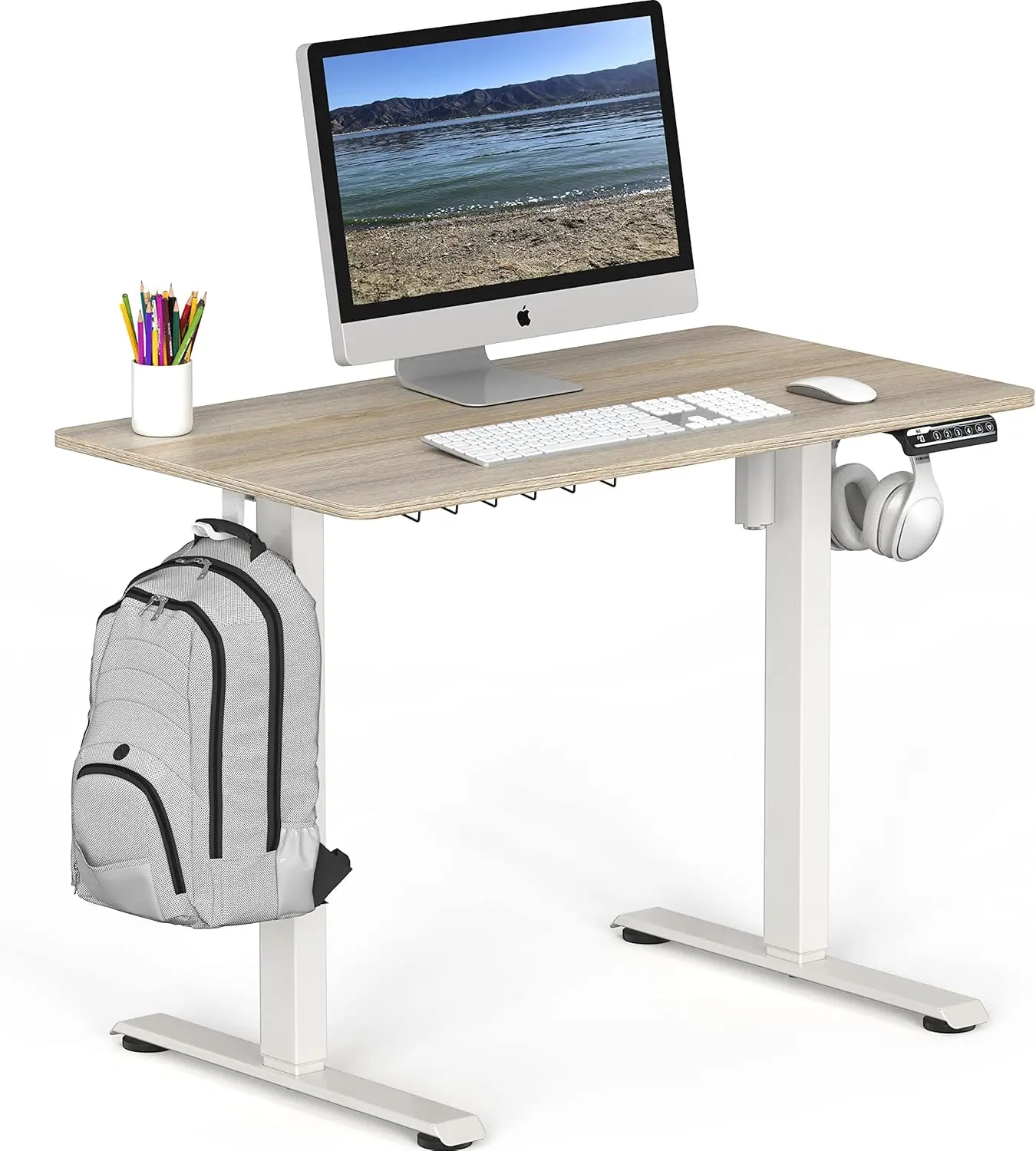 Pequeno Elétrico Altura Ajustável Sit Stand Desk, Pendurado Ganchos e Gestão de Cabos, Branco Frame e Bege Top, 40x22 in