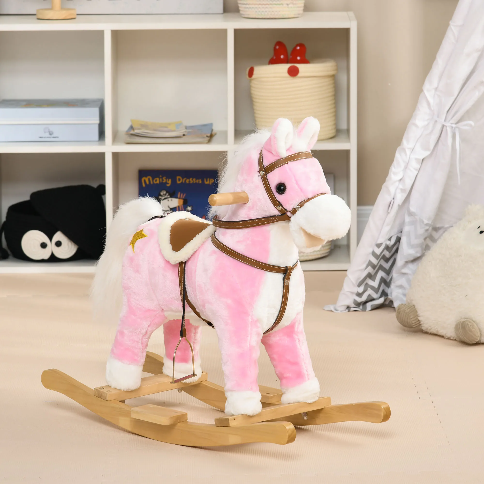 HOMCOM paseo de madera a caballo, regalo de poni para edades de 3 a 6 años, Rosa