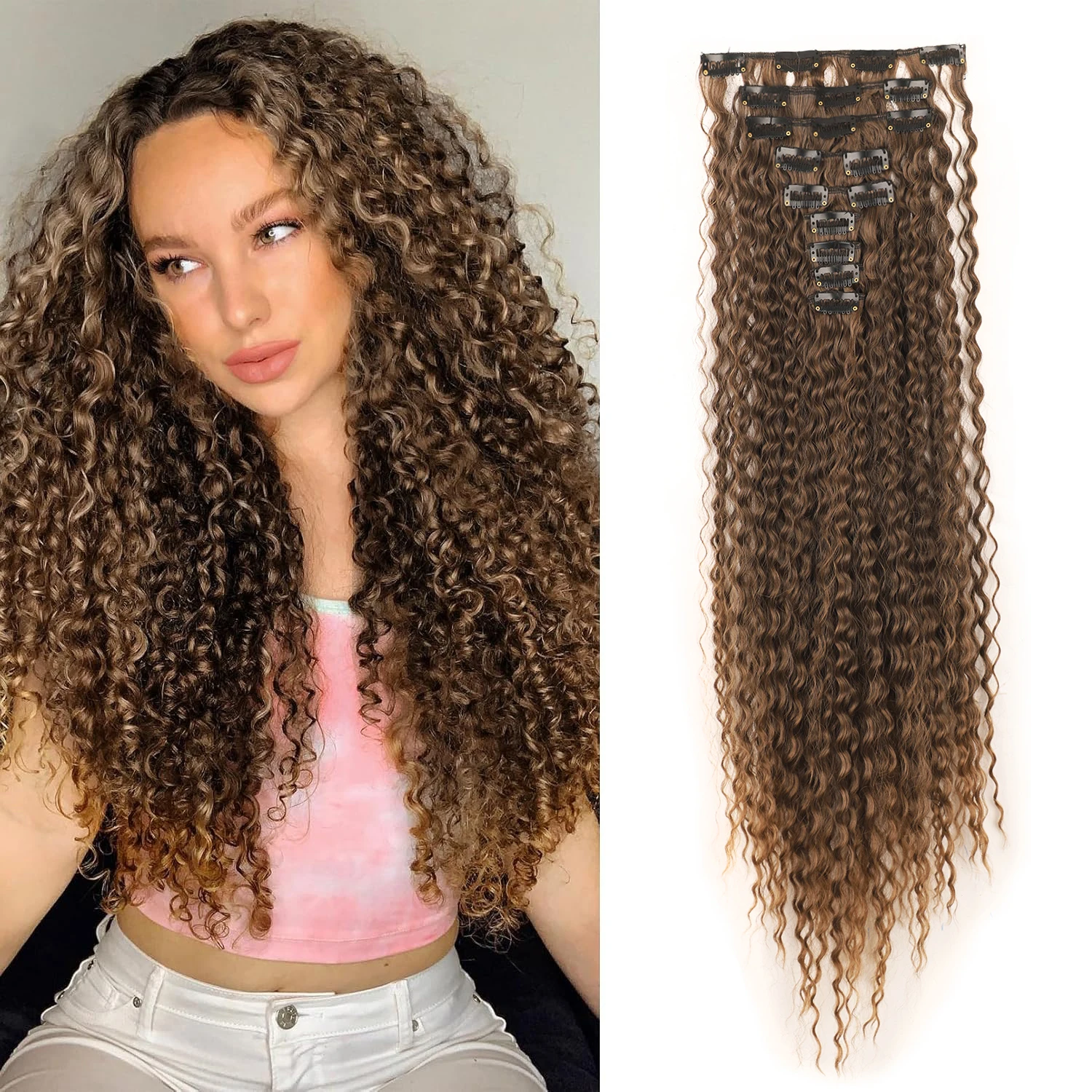 9PCS Set Clip-In Hair Extensions Long Curly Synthetic Hairpiece Black Brown Voluminous Natural Looking for Women Daily Use