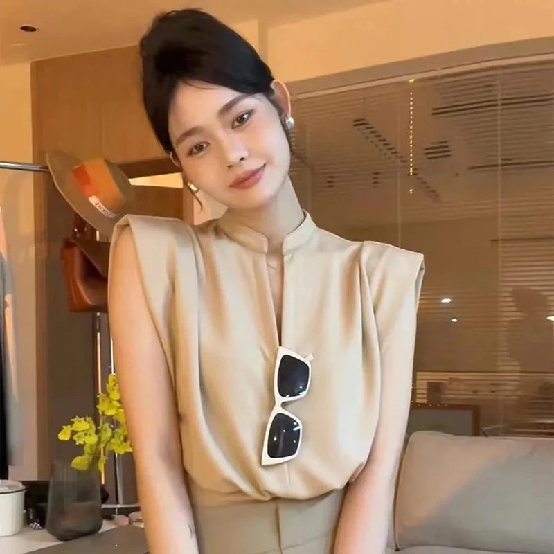 White Elegant V Neck Blouses Women Korean Chic Folds Sleeveless Shirts Fashion Office Lady Casual All Match Crop Tops New