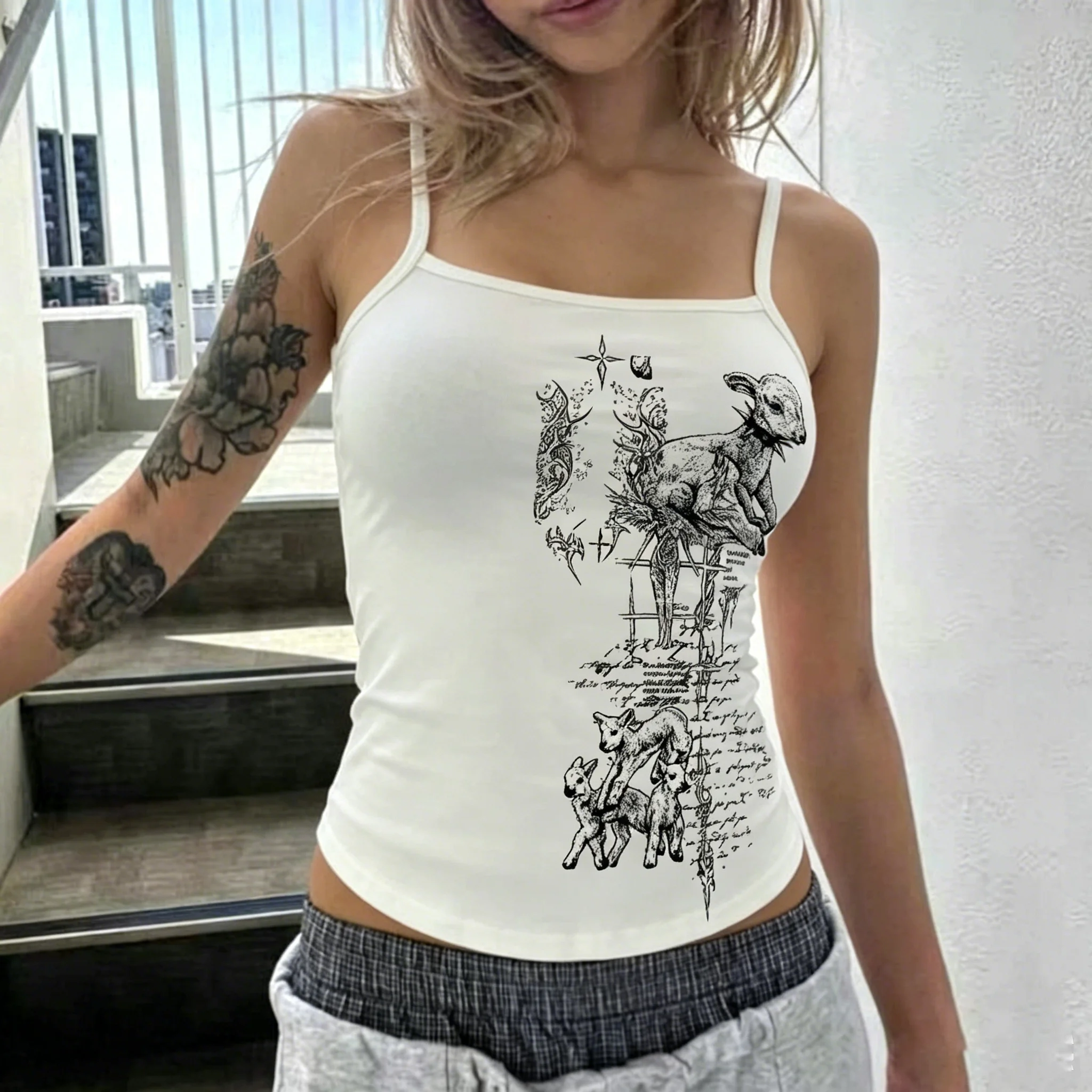 Gothic Dark Lamb Cross Print Strap Tank Top Women Y2K Slim Fit White Crop Sleeveless Vest Grunge Streetwear Daily Summer Outfit