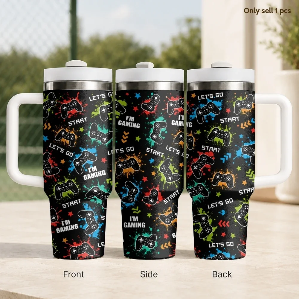 Lets Go Gaming Pattern Vacuum Flasks 40oz Stainless Steel Insulated Tumbler With Handle & Straw Leakproof Travel Mug