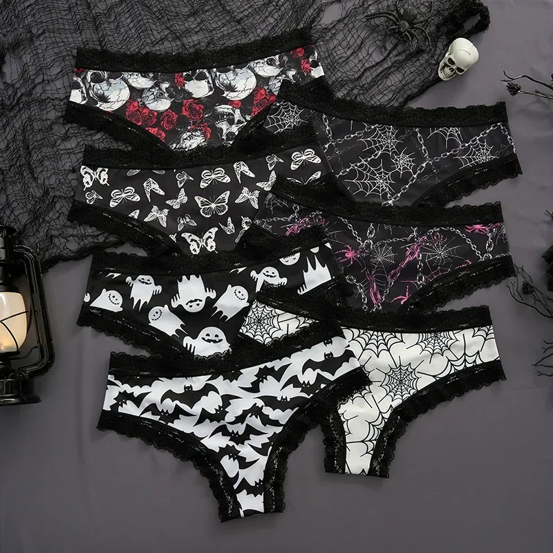 3pcs Underwear Women\'s Sexy Lace Rose Print Edge Dark Gothic Style Skull Personalized Comfortable Breathable Triangle Pants