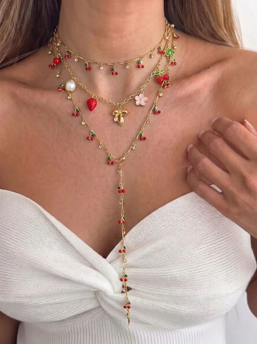 Sweet Overlap Y-Shaped Cherry Strawberry Butterfly Knot Necklace Set Women's Elegant Y2K Long Clavicle Chain Jewelry Gift