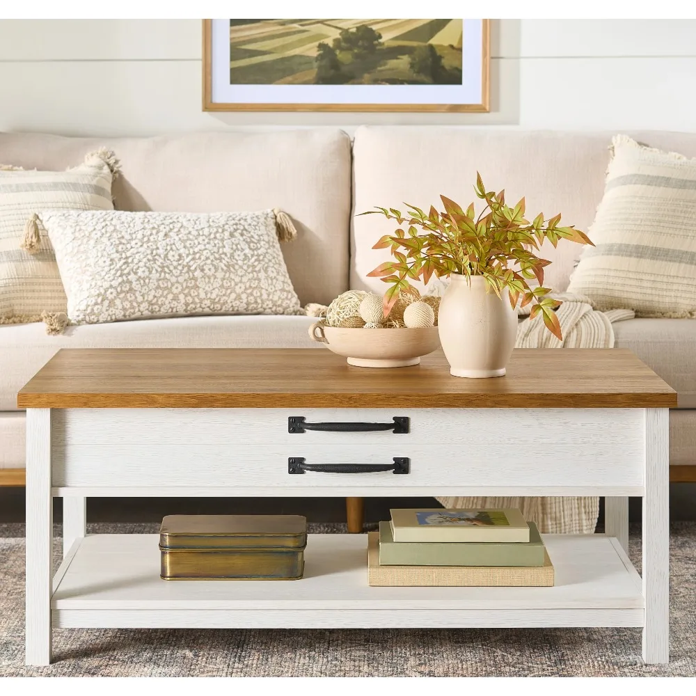 현대식 농가 ​​커피 테이블, 설화석고 및 라이트 허니 마감