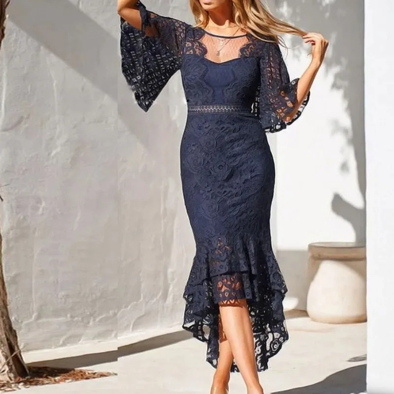 

New Women's Elegant Round Neck Lace Slim Party Mermaid Dress Temperament Commuting Summer Female Fashion Flared Sleeve Dresses