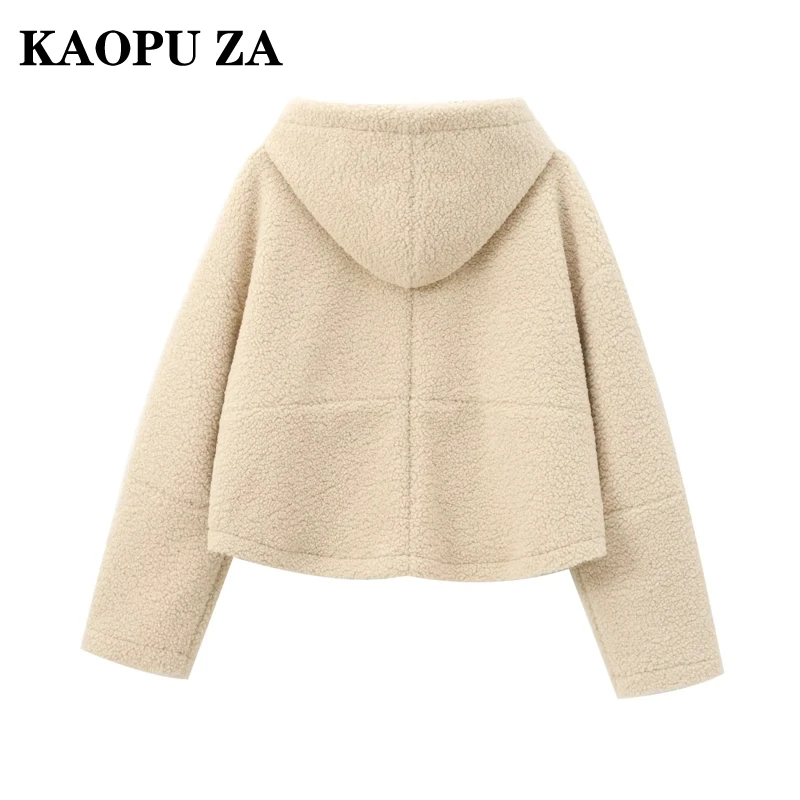 KAOPU ZA 2024 Autumn/Winter Woman Casual Fashion Hooded Collar Long Sleeve Fleece Coat Female Trendy zipper Pockets Beige Jacket