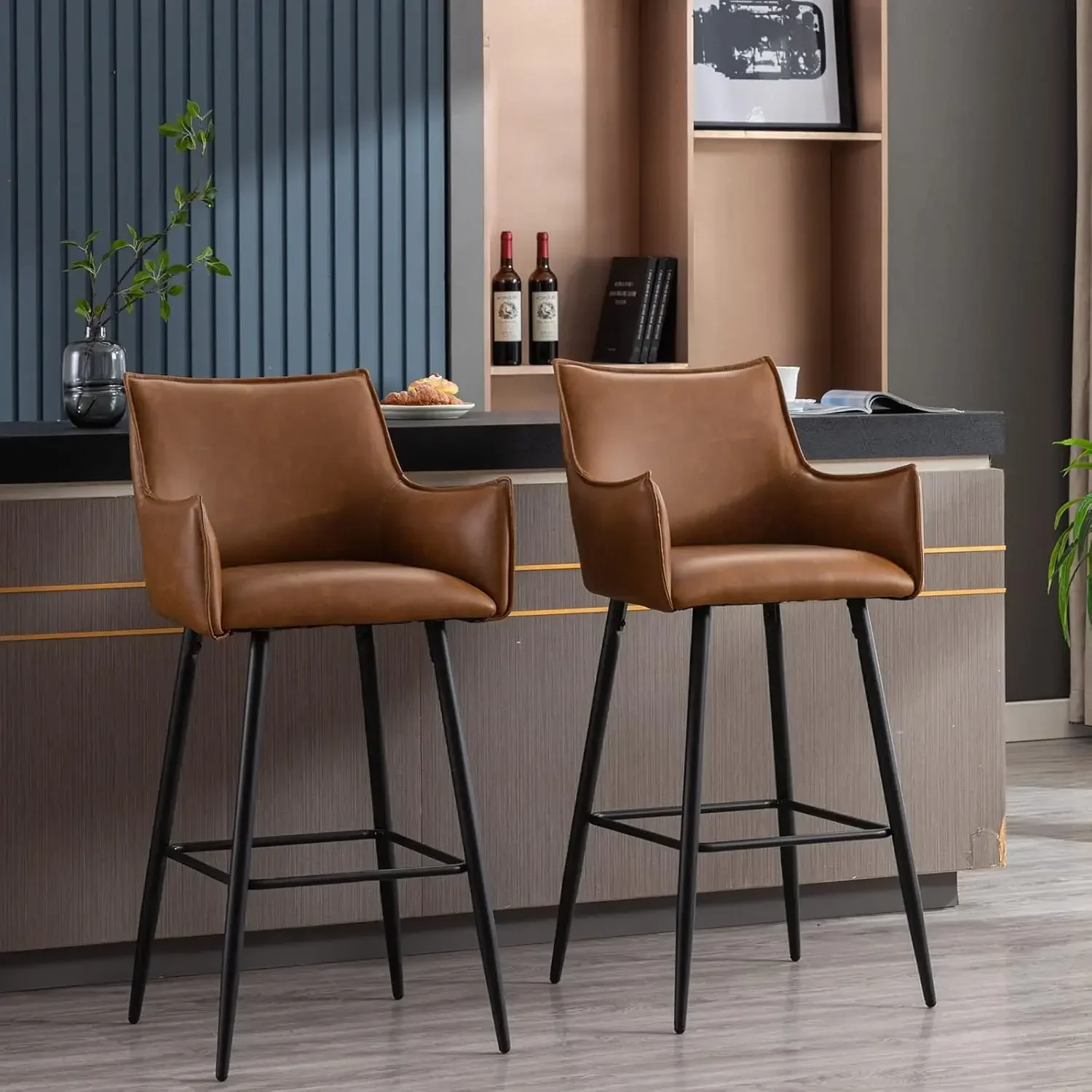 

ZSARTS 30" Brown Bar Stools Set of 2, Modern Faux Leather High Back Barstools Upholstered Kitchen Island Chairs with Legs and Fo