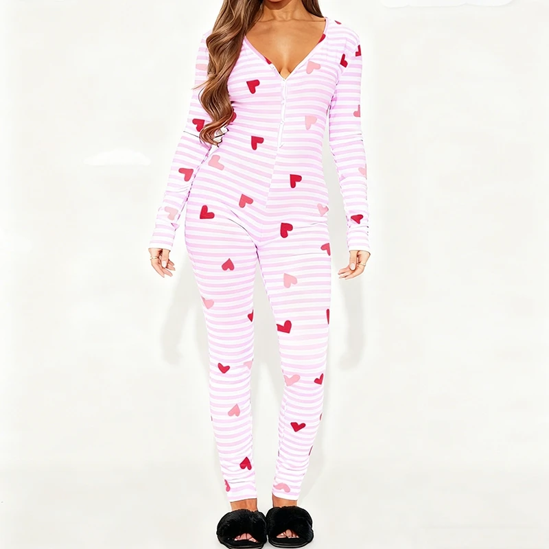 

Women Valentine V Neck Long Sleeve Jumpsuit Bodycon Casual Pajamas Bodysuit Romper Overall Heart Print Sleepwear Lougewear