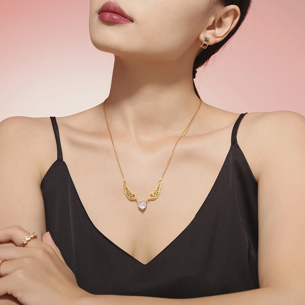 Gorgeous Wing Necklace Ring For Women Heart Pendant Stainless Steel Chain Clavicle Choker Daily Jewelry Gift Wholesale