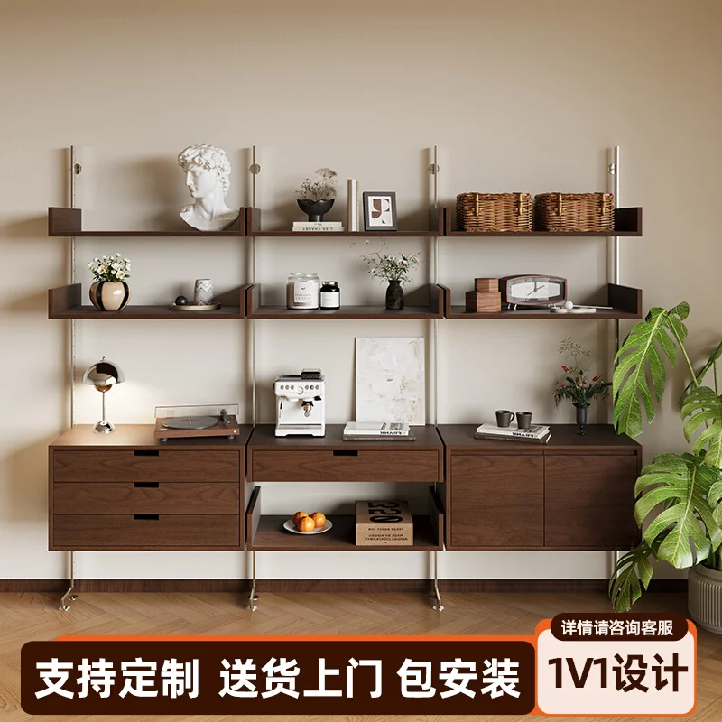 

Solid wood open shelf bookshelf wall system, Bauhaus display stand baffle TV wall can be customized