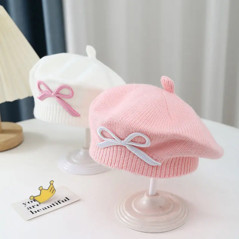 Mädchen-Baskenmütze mit Schleifenknoten Gestrickte Wollmütze Prinzessinnen-Babymütze Herbst Winter Modische Gestrickte Malermütze für Kinder