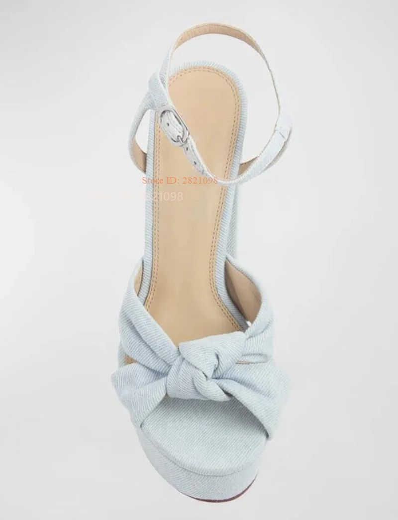 Women's Light Blue Denim Knot Platform Sandals Chunky Heeled Ankle Strap Sandals High Heels Open Toe Sandals Party Dress Pumps