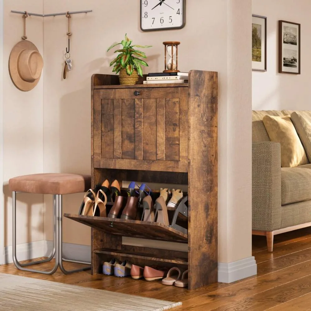 

Shoe Organizer Storage Cabinet With 2 Flip Drawers, 2 Levels Of Shoe Storage, Anti-Tip Device, With Side Hooks