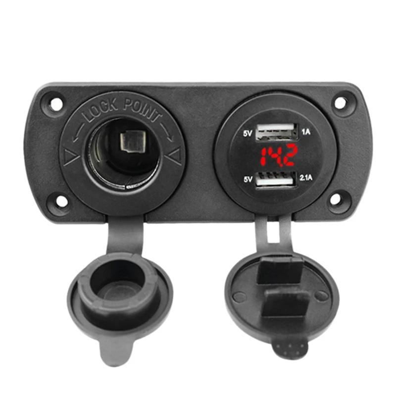 12-24V Dual USB Outlet Volt Power Outlet with Red LED Voltage Display Lighter Socket Switch Panel Adapter for Car