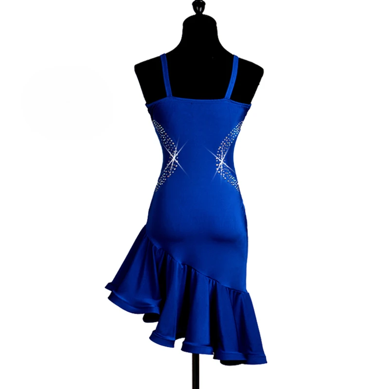 Abito da tango con strass Nero Blu navy Linea Abbigliamento da ballo Donna Costume da ballo latino Bretelle Abiti da competizione Samba Nuovo