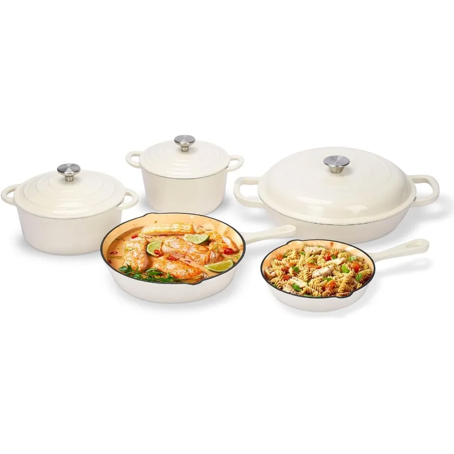

Enameled Cast Iron Cookware Set 8 Piece of Casserole Dutch Ovens Skillet and 3 Lids Ceramic Coated Cast Iron Dutch Oven Set Gas