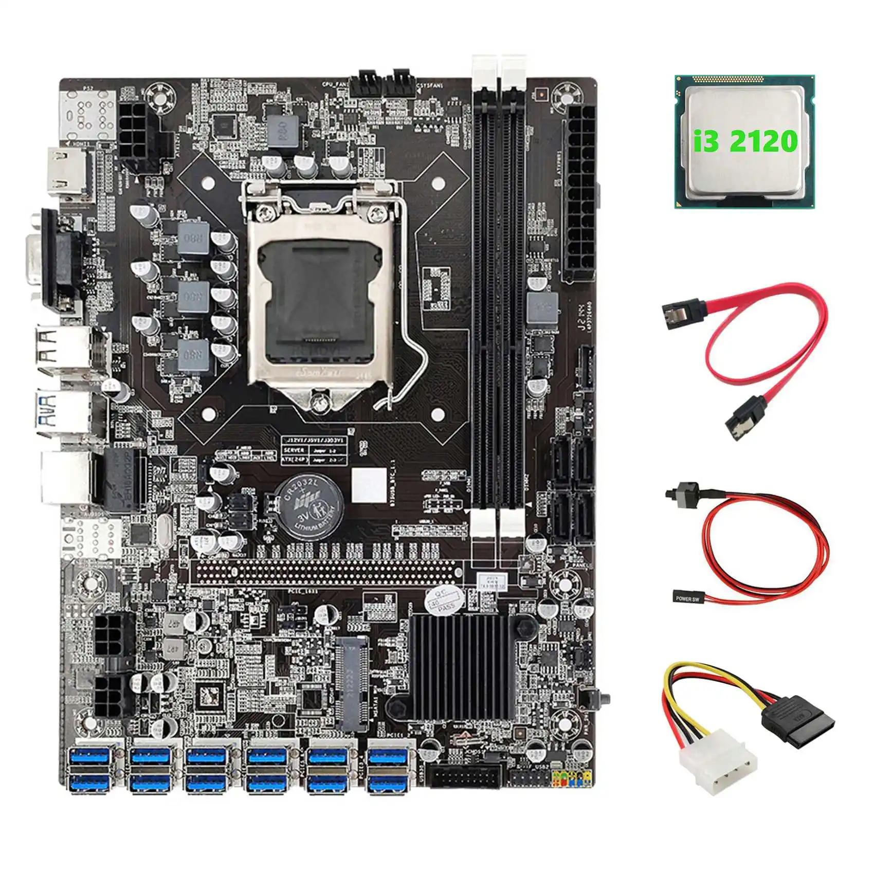 B75 ETH Miner Motherboard 12 PCIE to USB+I3 2120 CPU+4PIN IDE to SATA Cable+SATA Cable+Switch Cable LGA1155 Motherboard