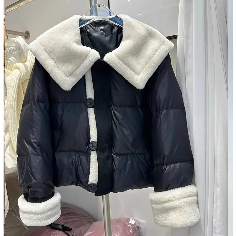 2024 Lambhair Lapel Winter Short High-end White Duck Down Warm Jacket