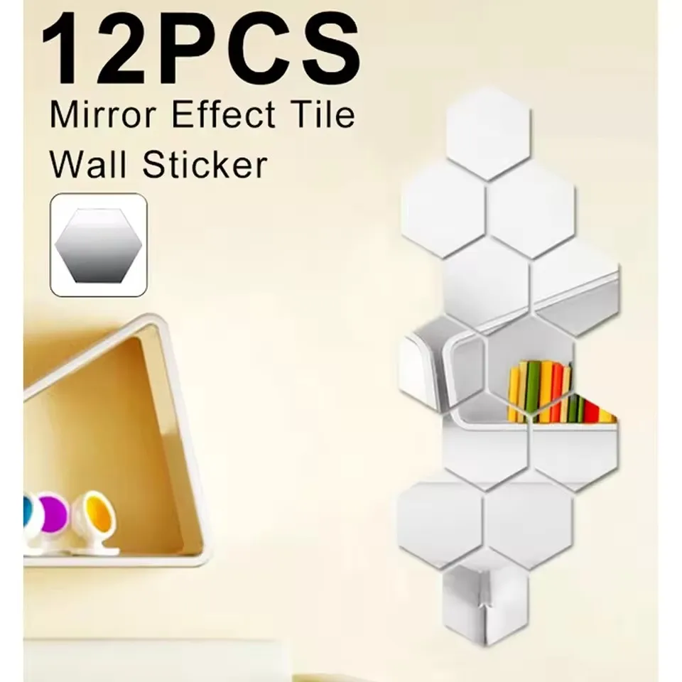 12pcs Hexagon Acrylic 3D Decorative Mirror Wall Sticker Home Decor DIY Self-adhesive Mirror Decal Decor Stickers Art Wall Decor