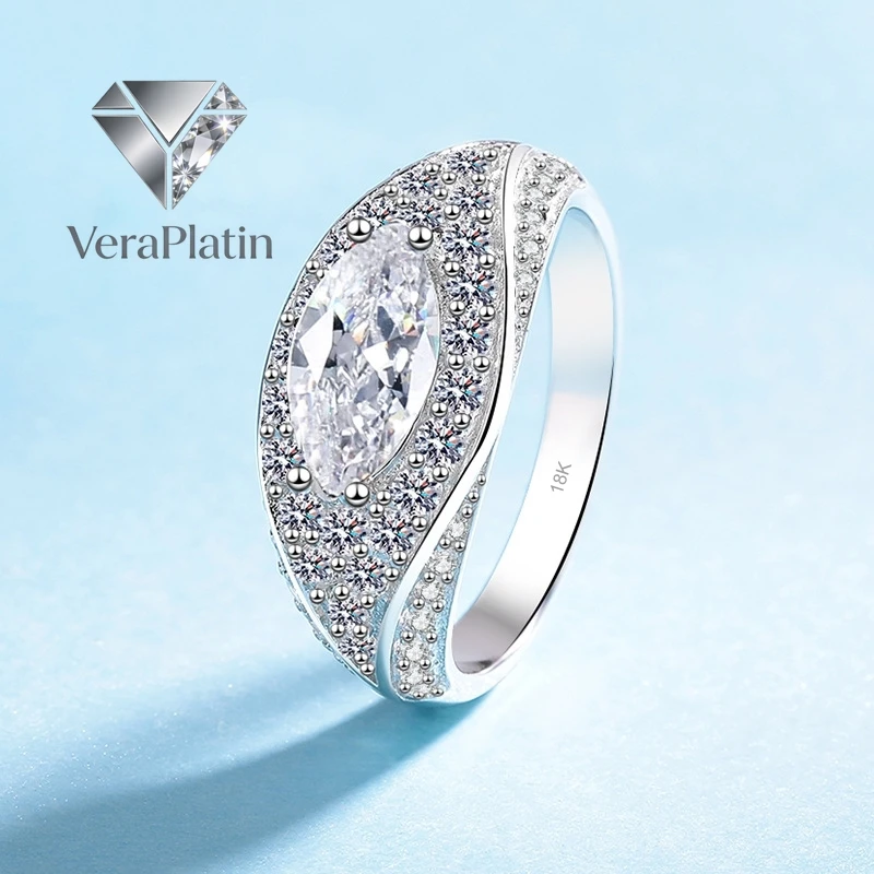 

ВераПлатин Кольцо для женщин из белого золота 18K с муассанитом 1 карат, подарок на День святого Валентина/день рождения, обручальное/праздничное кольцо PT950, дизайн «Глаз Бога»