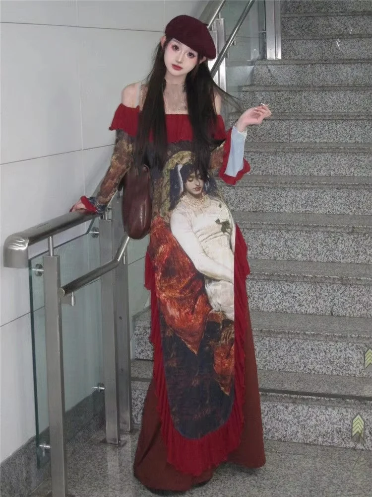 فستان أنيق عتيق مطبوع باللون الأحمر للنساء فساتين صيفية كبيرة الحجم بقصة ضيقة جديدة بدون أكتاف وأكمام طويلة من Vestidos Mujer