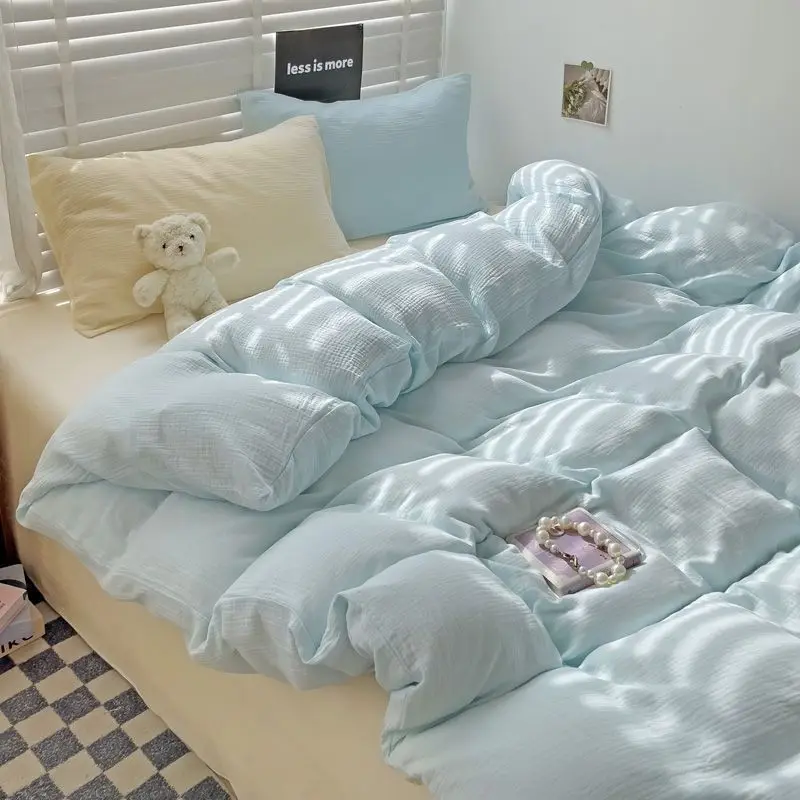 3/4Pcs Bedding Set Japanese-Style Solid-Color Washed Cotton Duvet Cover With A/B-Side Mix-And-Match Two-Tone Double Pillowcases