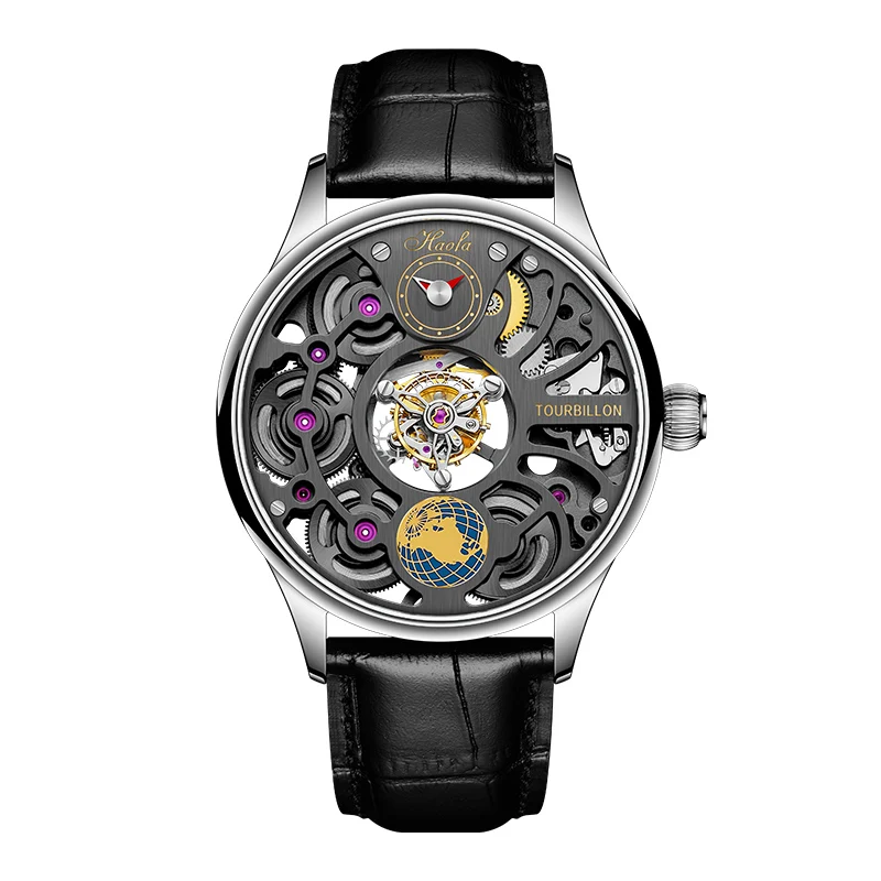 Haofa Mechanical watch Man Skeleton Tourbillon Hollow Multiple dimensions Rotating 316 Stainless Steel Sapphire Crystal 1037