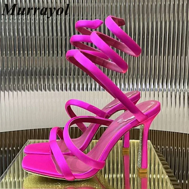 Silk Satin One Strap Thin High Heels Sandalias Women Ankle Snake Shaped Strap Entanglement Sandals Summer Party Dress Shoes