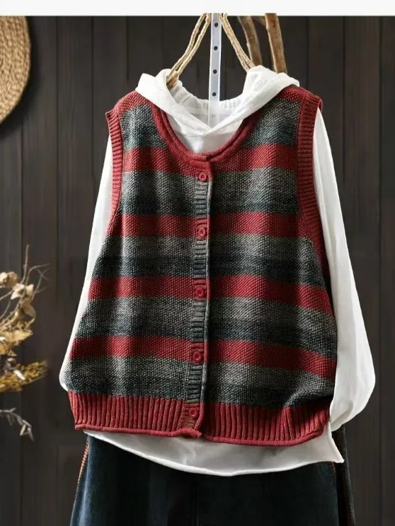 

Authentic Knitted Vest 2026 New Sle Faionable Striped Unique Layering Vest Women's Cardigan Cotton Inner Liner Regular Le...