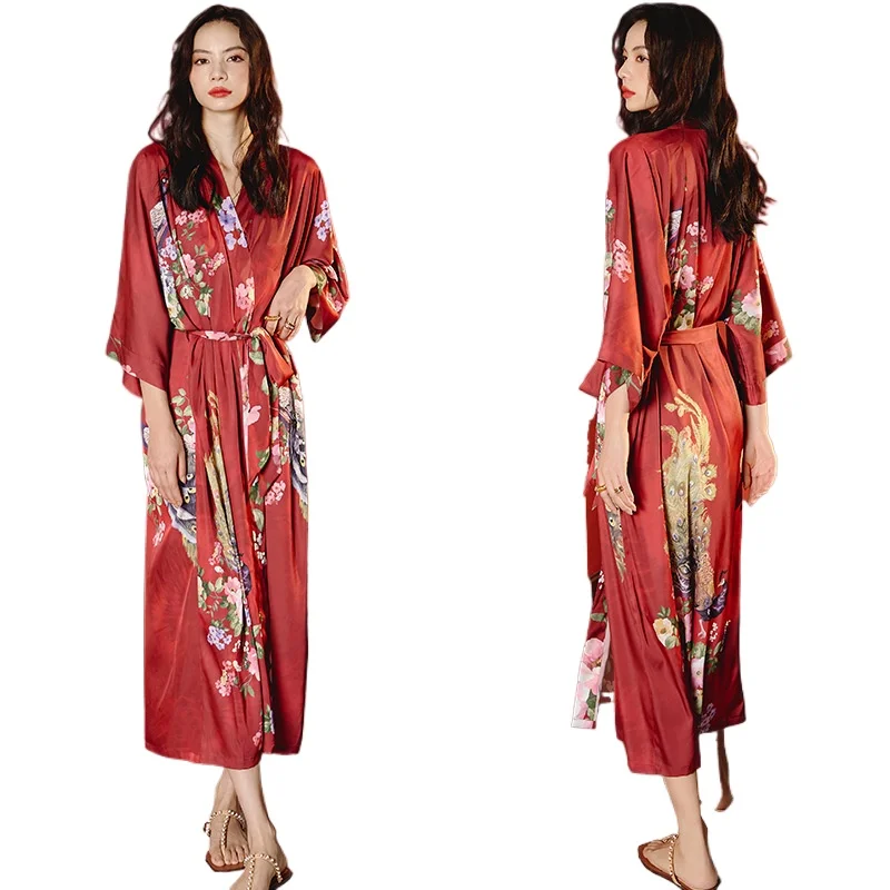 

Bathrobe Cool Loungewear Satin Chiffon Pajamas Women's Summer Large Size Ice Silk Light Luxury Nightgown Smooth and Soft Robes