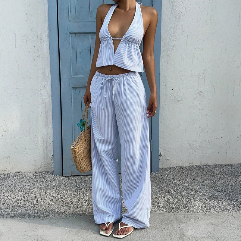 

2026 Summer Hot Selling Neck Hanging Deep V-stripe Top and Elastic Waist Pants Two-piece Set for Women