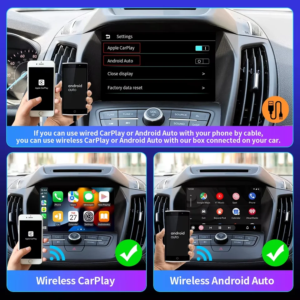 Mini Wireless CarPlay & Android Auto Adapter 2-in-1 – 2025 upgrade, supersnelle verbinding zonder vertraging, plug & play dongle met USB A & C, compatibel met iPhone iOS 10 en Android 11