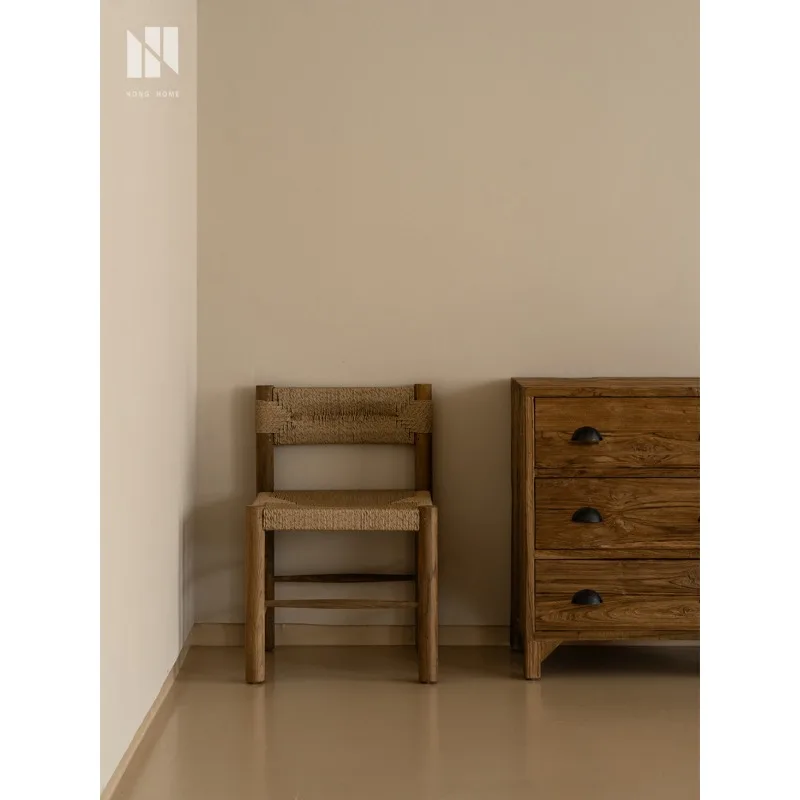 Organic Modern Dining Chair, Solid Wood Chair with Woven Fiber Seat, Natural Texture Wabi-Sabi Style Chair for Kitchen and Study