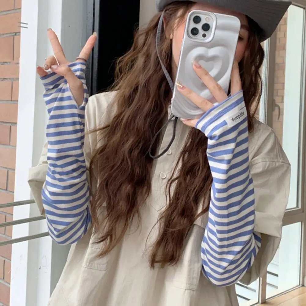 Punk Long Sleeves Fingerless Gloves Cuff for Women Men Stripe Hip-Hop Knitted Elbow Mittens Elastic  Arm