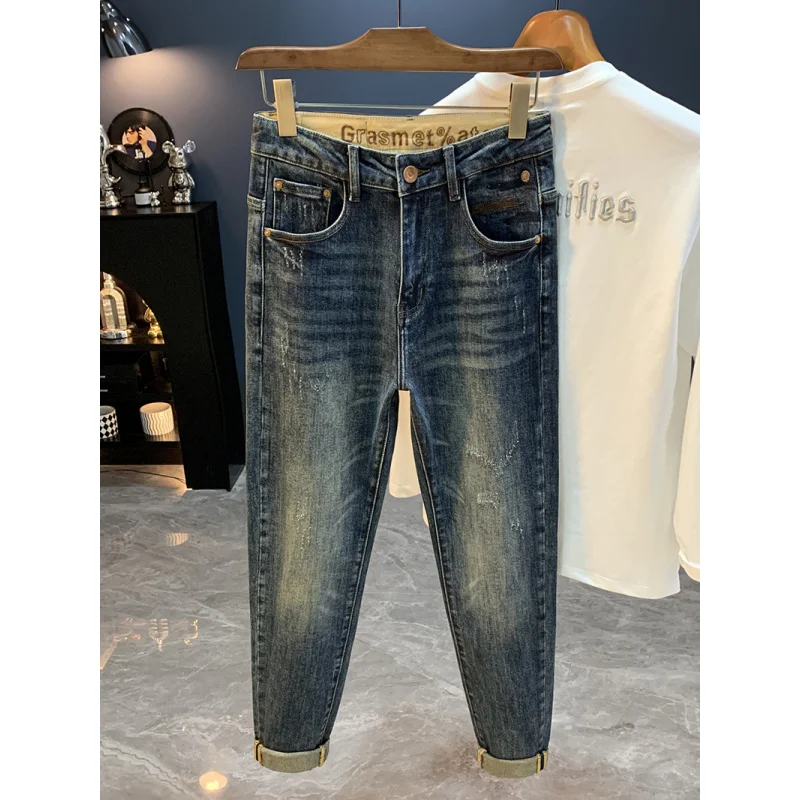 2025年秋新作 メンズマイクロハーレムジーンズ、多用途、カジュアル、伸縮性、スリム、ルーズ、スリムフィット、小脚パンツ