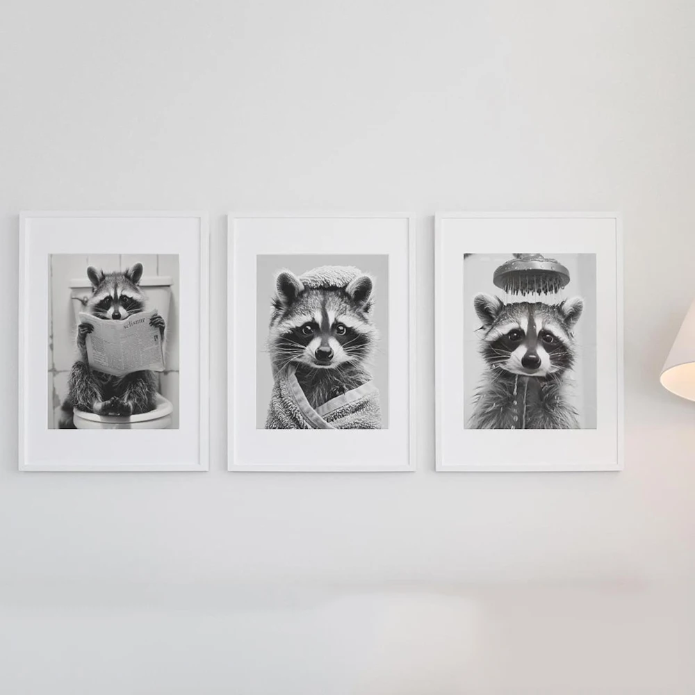 Cute Raccoon in the Toilet Posters Print Picture Funny Animal Black and White Wall Art Canvas Painting for Bathroom Home Decor