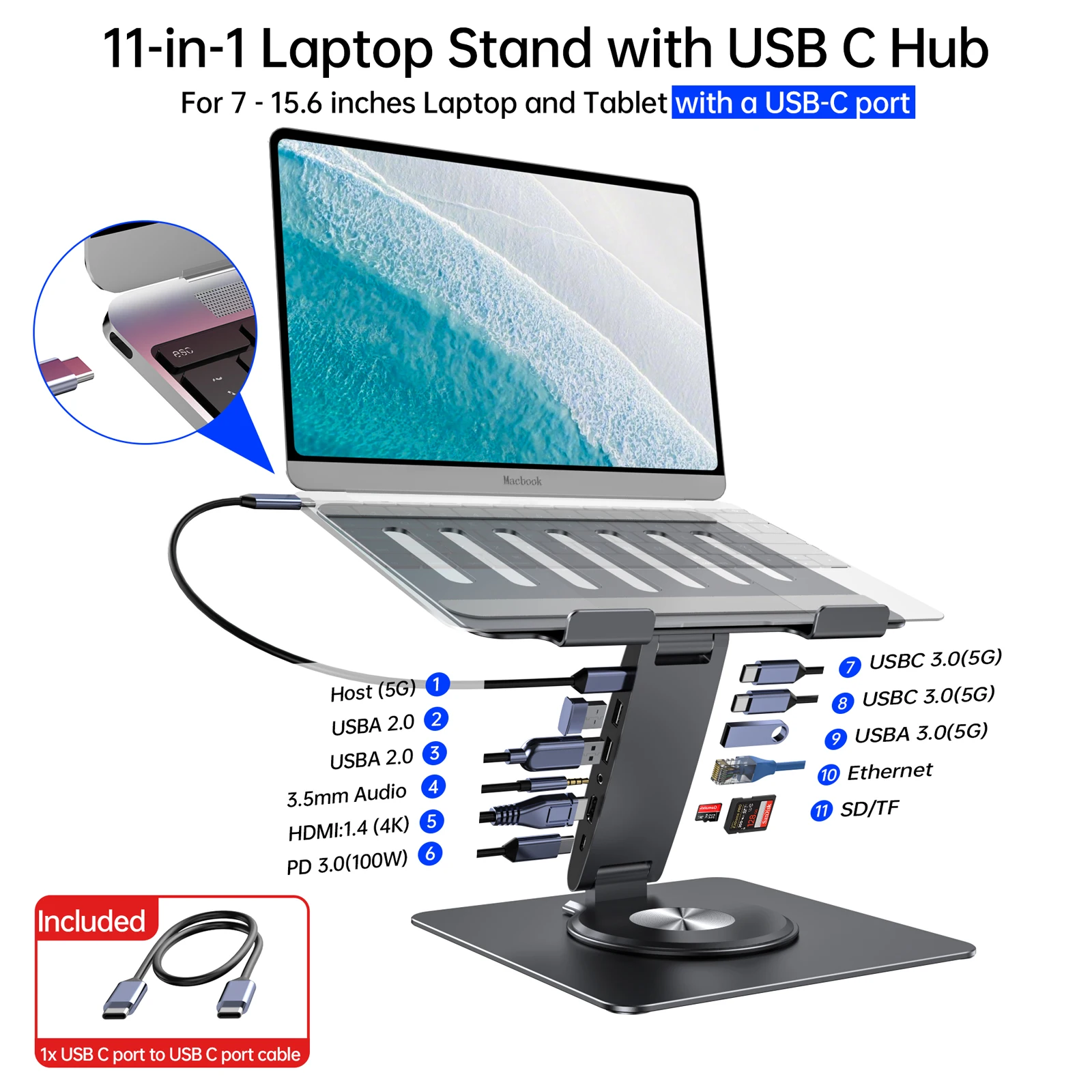 Imagem -02 - Laptop Docking Station Suporte com Hub Usb Suporte para Macbook hp Dell Lenovo Usb 3.0 Ethernet Hdmi pd 100w Tomada de Áudio tf sd