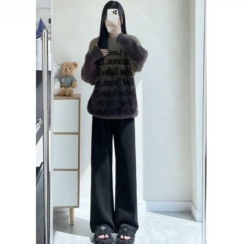 بنطال ذو قصة أرجل واسعة امرأة عادية المرأة الخريف محبوك عمودي مضلع Trackpants الحد الأدنى الكبار استرخاء الراحة الحضرية مصممة Ins #2