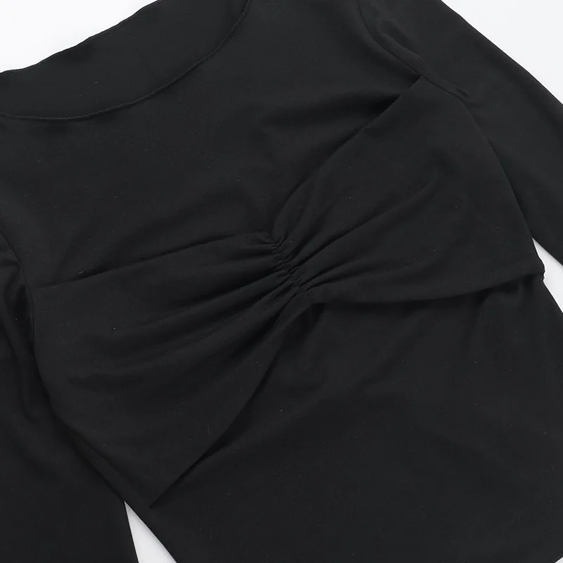 Pleated Casual Long Sleeve T-shirt Top Female Slim Cropped Patchwork Solid Fashion High Waist Pullover Women's Summer Tee