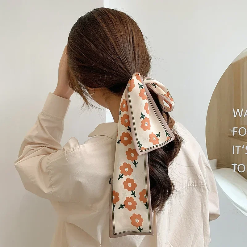 Fashion Printing Long Ribbon Silk Scarf Headband Women\'s Super Fairy Streamer Tie Ponytail Bow Headband Hair Tied